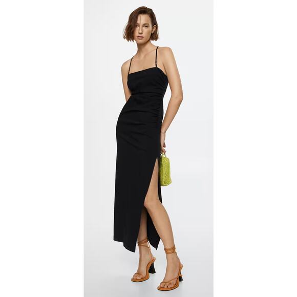 MNG Mango Ruched Midi Dress Womens Size 10 Square Neck New Black Sleeveless - Picture 1 of 16